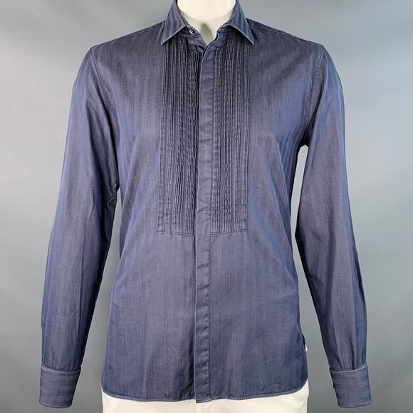 JOHN VARVATOS L Grey Pleated Cotton French Cuff Hidden Placket Long Sleeve Shirt - Picture 1 of 7